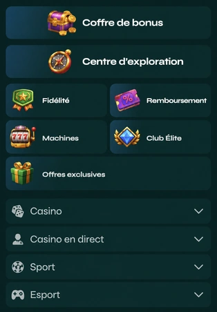 Menu des catégories de jeux SavaSpin